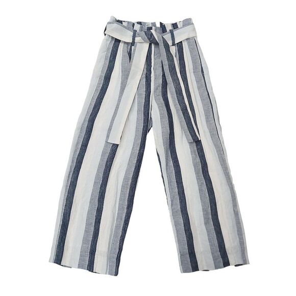 J. Crew Point Sur Linen Paperbag Pants 4 Blue Wide Leg Striped Belt Lined Casual - Picture 1 of 12